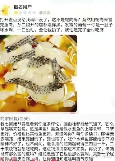 这是一张恶搞点评截图梗图，内容是一位用户在外卖平台下单水煮鱼后评论称“没给我魂吓没了，这不是蛇肉吗”，并上升到阴谋论和戏谑的言辞，而商家则用极为幽默且略带讽刺的长回复连续反击，解释这是黑鱼而不是蛇肉，并嘲讽了顾客不懂常识、乱扣帽子的行为。整体氛围十分搞笑，充满了反转与吐槽，表现了网络生态中商家与奇葩顾客的幽默互动。评论用语中有较多的双关和鸡贼卖萌口吻，商家回怼里夹杂了一些餐饮科普。

**梗点**：顾客将黑鱼片误认为蛇肉，引发商家爆笑回怼，暗含“没文化真可怕”的讽刺意味。

**玩梗**：大量网络俚语、假装专业、阴谋论调侃和反转式幽默。