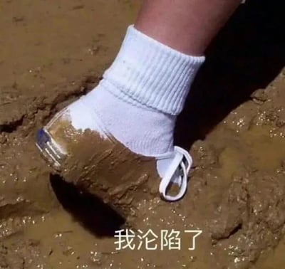 图片特写展示了一只脚的脚踝和足部，穿着白色袜子与白色鞋子，鞋子深陷在湿润的泥地中，表面覆盖着厚厚的棕褐色泥浆。图片底部有白色文字“我沦陷了”。这里运用了双关手法：“沦陷”原指陷入不利境地，此处幽默地形容脚陷入泥地的状态，营造出搞笑又无奈的效果。