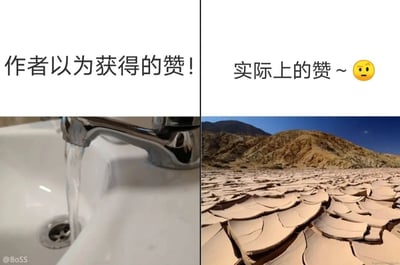 图片为左右对比结构，左侧上方文字为“作者以为获得的赞！”，下方是水龙头正在往水槽中大量流水的场景，象征作者对获得大量点赞的期望；右侧上方文字为“实际上的赞～😐”，下方是干旱开裂的土地画面，象征实际获得的点赞数量极少。通过强烈的视觉对比，幽默地表现了创作者对作品受欢迎程度的期望与现实之间的巨大差距。