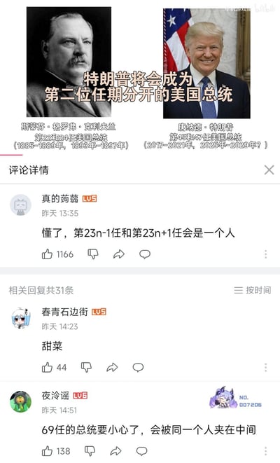这张图是哔哩哔哩平台的内容截图，上方以左右对比的形式展示了两位任期不连续的美国总统：左侧是第22、24任总统斯蒂芬·格罗弗·克利夫兰，任期为1885-1889年、1893-1897年；右侧是第45任总统唐纳德·特朗普，标注预测他将成为第47任总统（2025-2029年），配文称其会成为第二位任期分开的美国总统。下方是B站评论区的三条用户评论：用户“真的蒟蒻”总结出数学规律“第23n-1任和第23n+1任会是一个人”；用户“春青石边街”仅发布“甜菜”；用户“夜泠谣”玩梗调侃“69任的总统要小心了，会被同一个人夹在中间”，整体是网友针对美国总统任期的搞笑玩梗内容，无谐音或双关梗。