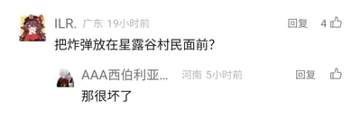 这是一张横版的社交媒体评论区静态截图，展示了两位用户针对游戏《星露谷物语》的互动评论。第一条评论来自IP归属地为广东、网名为“ILR.”的用户，发布于19小时前，内容为“把炸弹放在星露谷村民面前？”，该评论获得了4个点赞，用户头像是《原神》中的角色胡桃，角色双手放在嘴边，表情俏皮。第二条评论是IP归属地为河南、网名为“AAA西伯利亚...”的用户在5小时前的回复，内容为“那很坏了”，该评论暂未获得点赞，用户头像是《明日方舟》中的角色银灰。两条评论围绕在《星露谷物语》游戏中，玩家将炸弹放置在村民附近的调皮整蛊行为展开讨论，后者认为这种行为属于比较坏的调皮举动。