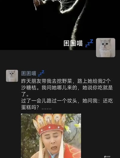这张图由三部分组成，首先是背景为黑猫的“困困喵”表情图，然后是一则以“困困喵”为头像和ID的社交平台段子，描述了作者挖野菜时朋友给了两个沙糖桔，随后将其笑称为蛋糕梗，最后配有一张经典的《西游记》唐僧剧照（做了处理），突出段子中“蛋糕其实是坟头供品”的幽默反转。整体风格轻松搞笑，背景故事与平时生活结合，揭示了友情中“小小恶作剧”的趣味。段子中的“蛋糕”其实是坟头供品，有类双关和反转效果。