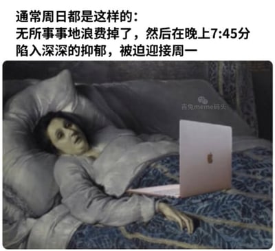 这是一张图文混排的趣味表情包，顶部配有描述当代打工人周日状态的文字，内容为大部分人周日无所事事荒废一天，到晚上临近结束时想到即将到来的周一会陷入强烈的抑郁焦虑情绪。下方配图是经过改编的古典油画，画中人物颓丧地躺在床上，身前放着苹果笔记本电脑，憔悴茫然的神态精准呼应了配文描述的情绪，十分贴合打工人的真实心态，共鸣感强。