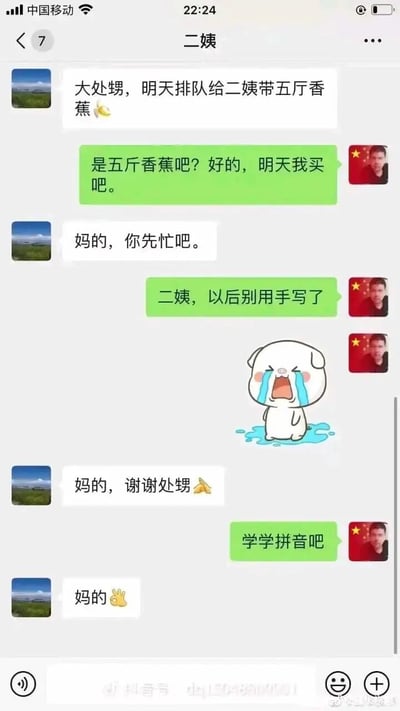 这是一段充满趣味乌龙的微信聊天记录截图：二姨使用手写输入时，系统将“好的”误识别为“妈的”，导致她和外甥的对话全程用“妈的”作为语气词回应。一开始二姨让外甥帮忙带五斤香蕉（手写误写为“五厅香焦”），外甥确认后，二姨回复“妈的，你先忙吧”，让外甥哭笑不得，随即吐槽二姨别用手写了，还发送了哭泣小猪的表情包；之后二姨再次用“妈的，谢谢处甥”回应，外甥无奈让二姨学学拼音，二姨依旧回复“妈的”搭配手势表情。整个对话因手写输入的识别错误，制造出了反差感拉满的搞笑效果，展现了家庭互动中的趣味日常。