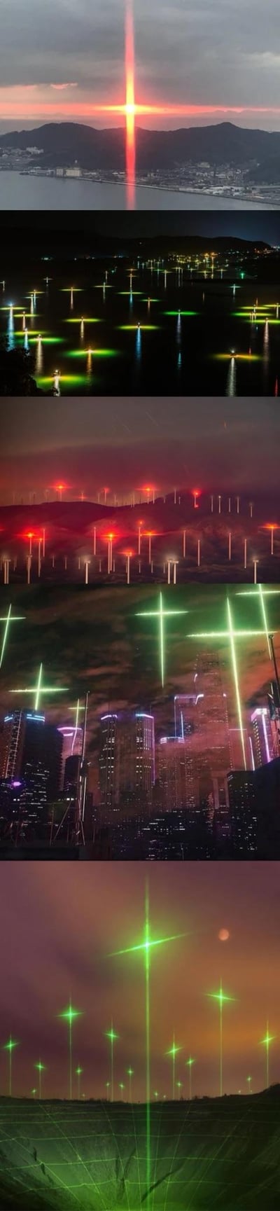 这是一组由五张竖图拼接而成的超长科幻风格图像，每张图都将带有十字星芒效果的激光光柱与不同场景融合：
1. 首张图是黄昏海湾上空的巨型橙红色十字光柱，背景是远山与沿岸城镇；
2. 第二张为夜晚水面上的多道绿色十字光柱，光柱在水面形成清晰倒影；
3. 第三张是黄昏山地风电场，每座风机顶端都投射出红色十字光柱；
4. 第四张是夜晚繁华都市上空，林立的绿色十字光柱与高楼夜景交织，充满赛博朋克感；
5. 第五张是黄昏山地间，大小不一的绿色十字光柱分布其中，地面还有绿色网格光线，背景可见月亮。
整体画面营造出超现实的未来科幻氛围，十字星芒光柱是核心视觉亮点。