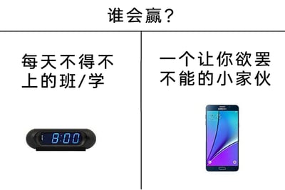 这是一张左右对比式的静态梗图，顶部以“谁会赢？”的提问引发观众共鸣。左侧是显示8:00的电子闹钟，搭配文字“每天不得不上的班/学”，代表着现实中需要早起去完成的上班或上学任务，是带有被迫感的日常责任；右侧是显示12:45的智能手机，搭配文字“一个让你欲罢不能的小家伙”，代表着让人沉迷、忍不住熬夜刷玩的手机娱乐。这张图精准戳中了当代年轻人的生活矛盾：一边是第二天必须早起的现实要求，一边是手机带来的娱乐诱惑，多数人往往会败给手机，熬夜后第二天挣扎着起床，是非常贴近年轻人日常状态的共鸣类梗图，没有双关或谐音梗，完全基于真实生活场景创作。
