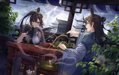 这是一幅古风二次元插画，画面设定在雷雨交加的古城镇场景中，一处带棚的茶桌旁，左侧的女性角色身着深色劲装，束起高马尾，红眸带着狡黠玩味的笑意，手肘撑在桌上，手做出带有法术特效的动作，面前摆放着青铜酒具；右侧的男性角色身着蓝灰古风文士服饰，面露惊惶，额头挂着汗珠，伸手似乎想要阻止对方，身体微微前倾。桌上摆放着装满鲜果的竹篮、各色果盘，桌下有冒着热气的铜茶壶，还有一只白色小猫扒着凳子。整体氛围紧张中带着一丝暧昧的张力，背景的古建筑和雷雨天气烘托出特殊的、充满戏剧性的情境。
