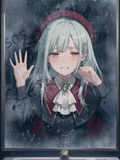 图中是一位浅蓝色长发的动漫少女，戴着红色帽子，身穿带有白色领结和绿色宝石胸针的深色制服。她站在布满水珠的雾面玻璃后，眼眶含泪，表情悲伤。左手抬起抵在玻璃上，右手握拳轻触脸颊。玻璃左侧用手写体写着“SOS”字样，整体氛围充满无助与焦急，仿佛在寻求帮助。