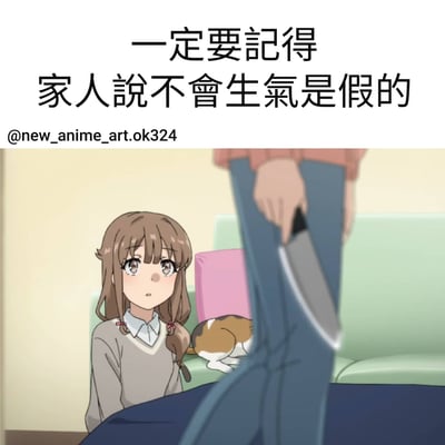 图片上方有文字“一定要記得 家人說不會生氣是假的”，下方是动漫场景：棕色双马尾女孩穿着灰色毛衣，坐在地上，身旁有一只三色猫，她抬头紧张地看着前方站立的人，那人手中拿着一把刀。通过夸张的视觉对比，幽默地表现家人说不生气时的真实情绪。