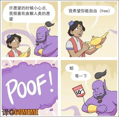这是一张以阿拉丁神灯和精灵为主题的四格漫画梗图，讲述主角希望精灵获得“自由（free）”，但精灵被误解为价格为0元的“免费（free）”商品，这里玩了英语单词“free”的双关。漫画风格轻松搞笑，并通过标签表现了精灵的崩溃。双关哏点在于“free”既指“自由”又指“免费”。