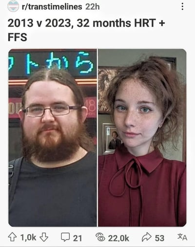 这是一张来自Reddit社区r/transtimelines的前后对比图，展示了同一人在2013年和2023年的外貌变化，标题注明经历了32个月的HRT（激素替代疗法）和FFS（面部女性化手术）。左侧2013年的照片中，人物留着长发，戴着眼镜，背景有带有日文的霓虹灯牌；右侧2023年的照片中，人物发型变为高马尾，面部特征有明显变化，背景是室内环境，墙上挂有装饰画。两张照片均为正面自拍，展现了十年间的显著转变。
