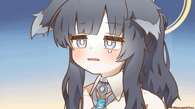 An animated sequence showing a wolf-eared anime girl experiencing an emotional transition. The girl has blue eyes, gray hair with wolf ears, and wears a white shirt with a blue pendant. Initially appearing sad with a tear, a hand gently touches her chin, gradually comforting her until she forms a small smile while still having a tear. The background features a gradient blue and yellow sky with a partial circular design.