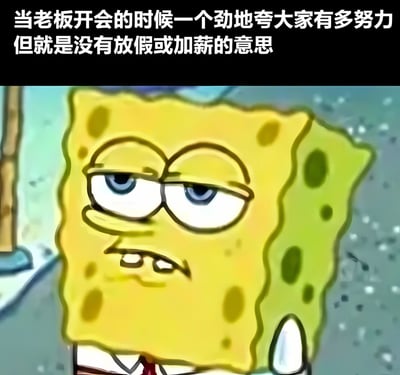 图片上方配有文字“当老板开会的时候一个劲地夸大家有多努力但就是没有放假或加新的意思”，下方是动画角色海绵宝宝的特写。海绵宝宝表情疲惫，双眼半睁，嘴角微微下撇，呈现出一种无奈又敷衍的神情，完美契合了文字所描述的职场场景中员工面对老板只表扬不给予实际福利时的内心状态。