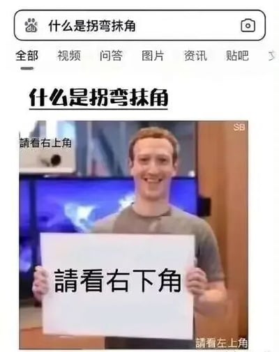 这是一张经过P图改编的图文混排作品，上方截取了百度搜索“什么是拐弯抹角”的网页UI界面，下方是被修改的马克·扎克伯格的照片，他面带笑容，双手举着一块写有“請看右下角”的白色牌子。同时图的左上角标注“请看右上角”，右下角标注“请看左上角”，右上角还有“SB”字样，通过这种互相指引、不直接点明核心内容的方式，戏谑且生动地诠释了“拐弯抹角”的含义，让观者在趣味中理解这个词汇的意思。