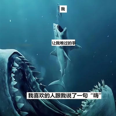 这是一张水下场景的幽默 meme，画面上方有一个标注“我”的小人漂浮在水中，中间是一条张着嘴的鲨鱼，标注“让我难过的事”，最下方是一个巨大的、嘴巴张开的未知海洋生物，标注“我喜欢的人跟我说了一句‘嗨’”。通过夸张对比，将暗恋对象一句简单的问候比作比鲨鱼（代表日常难过的事）更令人震撼/紧张的存在，营造出搞笑又无奈的情感表达效果。