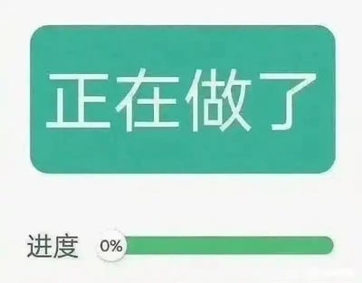 这是一张静态单图，采用图文混排的形式，上方是绿色圆角矩形框，内部用白色字体写着“正在做了”，下方设置了进度显示模块，标注“进度”字样，进度条明确显示为0%。图中通过“宣称已经开始做事”和“实际进度为零”的强烈反差，营造出幽默搞笑的效果，精准调侃了生活和职场中常见的“口头应付开工、实则毫无进展”的拖延或敷衍行为，能够引发很多人在面对任务时的共鸣，常用于自嘲或者吐槽他人的类似状态。