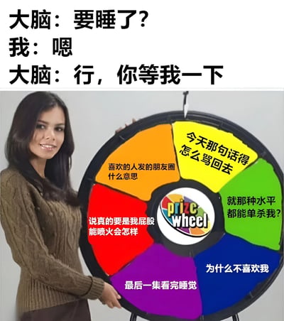 这张梗图通过对话和视觉元素幽默地表现了人们准备睡觉时大脑却开始胡思乱想的常见经历。上方文字展示了"大脑"与"我"的简短对话，当"我"准备睡觉时，"大脑"说"行，你等我一下"。下方图片中一位女子手持标有"prize wheel"的抽奖轮盘，轮盘各彩色分区写满了各种深夜思绪："喜欢的人发的朋友圈什么意思"、"今天那句话得怎么骂回去"、"就那种水平都能单杀我?"、"为什么不喜欢我"、"最后一集看完睡觉"和"说真的要是我屁股能喷火会怎样"。这些内容生动展现了入睡前大脑不受控制地思考各种事情的状态，引发观众共鸣。