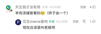 这是一张横版的社交媒体评论区截图，属于图文混排的内容。截图展示了两位用户的互动对话：IP地址为天津的用户“天生我才没有用”在19小时前发布评论，内容为“羊肉汤铺管事的😊（终于会一个）”，附带一个微笑表情，括号内的文字透露出自己终于能答对相关问题的小得意，该评论获得了4个点赞；名为“花生meme基地”的作者账号在18小时前回复该评论，内容为“现在应该是叫老板吧”，讨论的是对店铺管理者的称呼从过去的“管事的”到如今常用的“老板”的变化，这条回复获得了1个点赞。截图中还显示了双方的账号头像，前者的头像是一个带有标志的人物图像，后者是带有字母“P”的圆形头像。