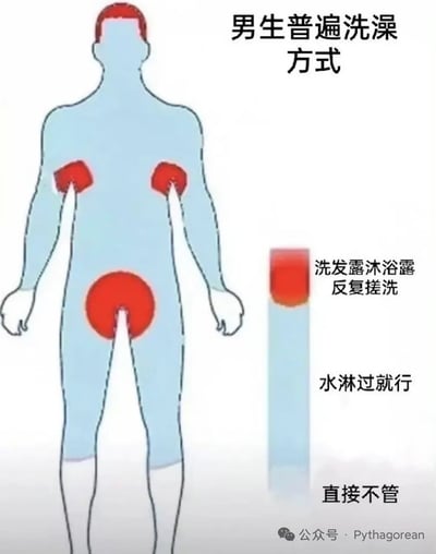这是一张关于男生普遍洗澡方式的幽默示意图。图中用蓝色简笔画描绘了一个男性人体轮廓，并用红色圆形突出标记了三个身体部位：两个腋下和一个胯部区域。右侧有一个垂直的三色柱状图，从上到下分别用红色、蓝色和白色标示了三种洗澡强度："洗发露沐浴露反复搓洗"、"水淋过就行"和"直接不管"。通过这种夸张对比的方式，幽默地表现了部分男生洗澡时可能存在的敷衍行为。