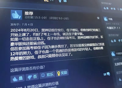 这是一张Steam平台《黑神话：悟空》游戏热评区的截图，评论者通过虚构“侄子高考玩游戏”的故事，表达了对青春岁月和游戏热爱者的感慨。评论内容既包含对高考、成长的现实描述，也巧妙融入了游戏发售时间，最终以“侄子因意外离世”带出遗憾。整体氛围既玩梗又带抒情，极易引发青少年和游戏圈用户共鸣。流行于各类社交平台作为高考、青春节点的段子。

双关暗示：评论采用“侄子”叙述——实际是借侄子的身份或经历来表达对自己或广大玩家的情感，既有调侃也有现实与虚拟人生交错的意味。