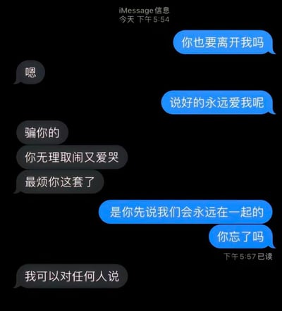 这是一张iMessage聊天记录截图，展示了一段令人心碎的分手对话。蓝色气泡方不断追问对方是否要离开，回忆曾经的承诺，而灰色气泡方则冷漠回应，承认承诺是谎言，甚至表示"我可以对任何人说"这样伤人的话语。整个对话充满了情感张力，展现了关系破裂时的痛苦与失望。
