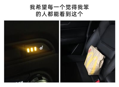 这是一张左右对比的搞笑图文，顶部配有文字“我希望每一个觉得我笨的人都能看到这个”。左侧展示的是汽车内部的座椅加热按键区域，按键上印有手形的功能图标，旁边亮起三个黄色的指示灯；右侧则是汽车座椅上放置着一个麦当劳的外卖纸袋，纸袋的外形轮廓与左侧按键上的手形图标高度相似，纸袋上的黄色M标志也与指示灯的黄色色调呼应。这张图利用生活中偶然发现的视觉相似性，以幽默的方式回应他人对自己“笨”的评价，暗示自己并非真的笨拙，而是按键图标与纸袋的巧合相似容易让人产生联想，制造出荒诞又好笑的效果。