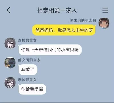 这是一张竖版静态聊天截图，模拟手机QQ家庭群“相亲相爱一家人”的对话界面。群内名为“终末地的小太阳”的成员问：“爸爸妈妈，我是怎么出生的呀”。名为“泰拉最重女”的成员先温情回答：“你是上天带给我们的小宝贝呀”，但名为“前文明预言家”的成员紧接着回复“套破了”，意思是避孕措施意外失败，孩子才因此出生；上一位成员立刻斥责“你给我闭嘴”。笑点来自温情童话式回答与极度直白、现实甚至粗鄙的补刀之间的强烈反差。图中的“泰拉”“终末地”以及头像风格都指向《明日方舟》及其衍生作品《明日方舟：终末地》的同人语境，但具体角色身份无法仅凭该图完全确认。图中的问题在段子里已由“套破了”给出戏谑式回答。