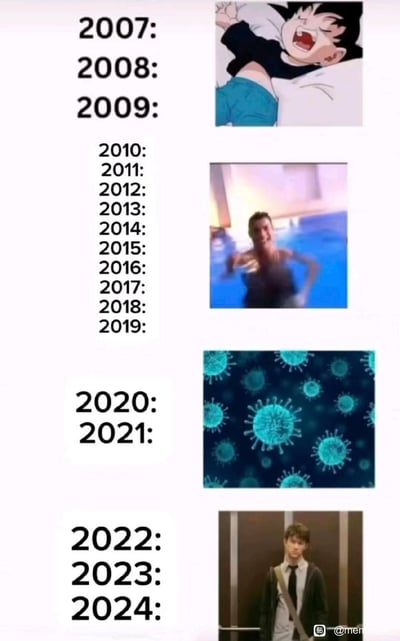 这是一张时间线梗图，展示了2007年至2024年的标志性事件或流行元素。图片左侧是垂直排列的年份，右侧对应不同时期的代表性图像：2007-2009年是一个愤怒大喊的动漫角色，2010-2019年是一个在泳池中激动挥手的男子，2020-2021年是蓝色病毒图案（代表新冠疫情），2022-2024年是一个站在电梯内的西装男子。通过不同时期的典型图像，幽默地概括了各阶段的特点。