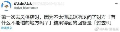 这是一张社交媒体截图，内容是经过翻译的日本推特动态。推特用户@piyo_hiyokoman分享了自己的搞笑经历：第一次前往风俗店时，由于不了解相关规矩，向店内的从业者询问「有什么不能碰的地方吗？」，得到的回复是「过去♡」。这里的回复是一个双关梗，「过去」一词包含两层语义：一是指不要触碰对方的过往经历，二是谐音「过来」，暗含让客人到自己身边的邀约，利用语义的双重性制造出幽默反差的效果。截图右下角带有微博账号@A岛-匿名版的水印，左下角标注有「翻译推文」字样，表明该内容是由该微博账号翻译后转发的。