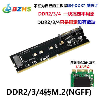 这张图片表面上像是某网购平台的电脑硬件转接卡广告，主打“DDR2/3/4转M.2（NGFF）”，但实际上这是一个恶搞/假冒产品的科技梗图。图片声称它能把DDR内存插槽转为M.2 NGFF固态硬盘插槽，实际上这在现实中是不可能实现的，属于技术上“胡扯”系列的知名网梗。

包含量大双关和极为浮夸的产品介绍，表面严肃实则幽默。配文“DDR2/3/4只是固定没有数据”，暗含自嘲和对小白用户的调侃。适合用来戏谑夸张推销、不懂装懂的技术讨论等场景。

有双关含义（如“一块搞定，不用愁”用于嘲讽实际没用的假转接头）、技术冷知识、对数码圈新手的调侃。