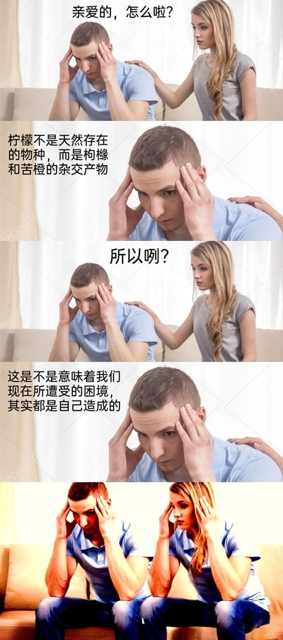 这是一组由五格画面组成的连环搞笑梗图，以日常安慰场景为开端：第一格中，女子轻拍抱头苦恼的男子，关切询问其状态；第二格男子说出一则冷知识，称柠檬并非天然物种，而是枸橼与苦橙的杂交产物；第三格女子对此表示疑惑，反问“所以咧？”；第四格男子由此产生无厘头联想，将柠檬的人工杂交属性引申到自身，陷入精神内耗，认为“我们现在所遭受的困境，其实都是自己造成的”；第五格通过P图将女子修改为与男子相同的穿着和抱头姿势，两人一同陷入焦虑，用冷知识引发过度联想的荒诞情节，调侃当代人容易陷入精神内耗的状态，搞笑又带有扎心的共鸣感。