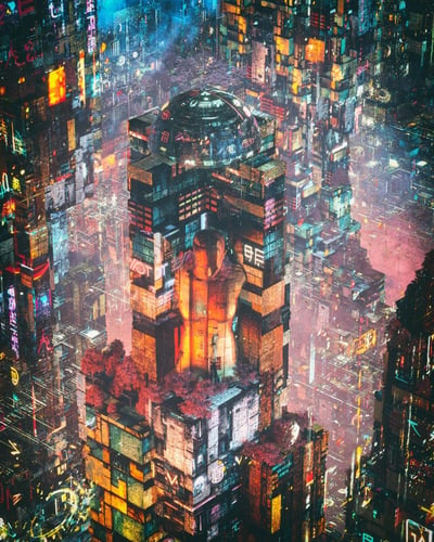这是一幅壮观的赛博朋克风格未来都市景观。画面展示了一个高度发达、密度极高的未来城市，充满了高耸入云的摩天大楼。中央建筑尤为突出，顶部有一个类似 dome 的结构，周围环绕着无数较小的建筑。整个场景被各种颜色的霓虹灯光照亮，包括蓝色、紫色、橙色和黄色，创造出典型的赛博朋克氛围。建筑物表面布满了发光的 signage 和显示屏，虽然文字内容无法清晰辨认，但增强了未来科技感。画面采用俯视视角，让观者能够欣赏到整个城市的宏伟布局和复杂结构。整体色调呈现出强烈的对比和丰富的层次感，营造出既 dystopian 又令人着迷的未来都市景象。