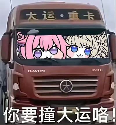 图片中是一辆棕色的“大运·重卡”卡车，车头挡风玻璃上被拼贴了两个卡通角色：左侧是粉色头发、紫色眼睛的呆萌角色，右侧是金色头发、蓝色眼睛的微笑角色。卡车底部有醒目的白色文字“你要撞大运咯！”。图片通过“大运”卡车品牌名与“撞大运”（寓意遇到好运）的谐音梗制造幽默效果，结合Doro角色的可爱形象形成趣味反差。