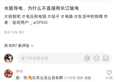 这是一张国内社交平台的帖子截图，主帖提出了不符合物理常识的奇葩问题“水能导电，为什么不直接用长江输电”，附带了#弱智吧、#电压和电阻、#段子、#电路、#生活中的物理多个话题标签，标注原作者为百度贴吧用户_at5PX4S，发布地点为浙江，发布时间为截图前一天13:46，该帖累计有8597条评论。截图下方展示了一条获赞3.3万的高赞神评论，用户“仲冬”玩谐音梗吐槽该提问：“鱼：倪🐴比怎么这么自私啊”，暗指如果真的用长江输电，长江里的鱼类会被电死，用戏谑的方式嘲讽该提问的离谱程度。