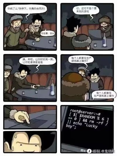 这是一组针对程序员职场的连环卡通漫画，描绘了一个极具作死性质的操作场景。漫画开篇，一名戴眼镜的程序员着急地拉住情绪激动的同伴，劝阻道“你疯了么？快停下，你真的会死的！”，激动的程序员回应“别在意，园长”，旁边的另一名程序员则不屑地表示“切，这可不是个懦夫玩的游戏”。随后激动的程序员嚣张地叫嚣“操，来吧，让你好好爽一爽，让你知道谁是爸爸”，此时有程序员疑惑地重复发问“每个人都要在生产服务器上操作？”。最后画面聚焦在按向键盘的手指，随后展示出生产服务器的命令行界面，上面的命令为`root@server:~# [ $[ $RANDOM % 6 ] == 0 ] && rm -rf / || echo 