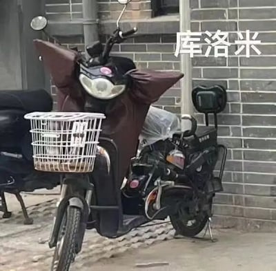 图片中是一辆停在灰色砖墙边的电动车，车头覆盖着棕色的防寒罩，其形状因两侧突出的设计酷似卡通角色库洛米的耳朵。车把前方装有白色金属篮子，车身为黑色，旁边还停放着另一辆黑色电动车。图片右侧用白色字体添加了“库洛米”字样，通过防寒罩的外形与Sanrio经典角色库洛米的形象进行趣味联想，制造出幽默效果。