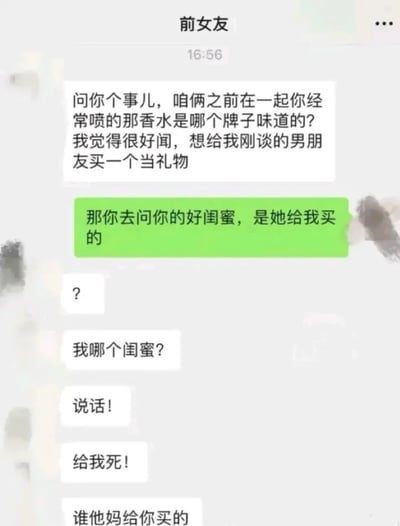 这是一组微信聊天截图，内容是“前女友”来问男主以前常用的香水品牌，想买给新男友。男主机智地回了一句暗示“那是你闺蜜送我的”，引发对方连环追问和崩溃，最后变得尴尬甚至有点抓狂。

**双关/暗示点**：男主的回复实际上在暗示女方的闺蜜和他有某种不清不楚的关系，属于情感互撕、吃瓜场面的常见套路。