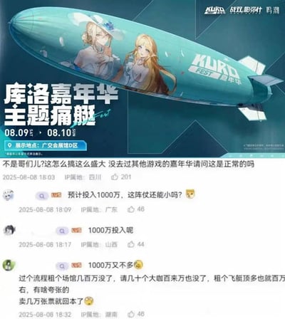 这张图为上下拼接内容，上半部分是库洛游戏嘉年华的官方宣传物料，展示了印有《战双帕弥什》《鸣潮》两款游戏女性角色的青蓝色主题痛飞艇，标注了活动举办时间为8月9日至8月10日，展示地点位于广交会展馆D区；下半部分是国内社交平台的网友讨论区，有网友提问库洛嘉年华阵仗如此盛大是否属于正常情况，后续评论围绕活动预计1000万的投入展开讨论，有网友认为1000万的投入在游戏嘉年华中并不算多，场馆租赁、邀请嘉宾、租赁飞艇等开销很容易达到该数额，售卖门票即可回本。