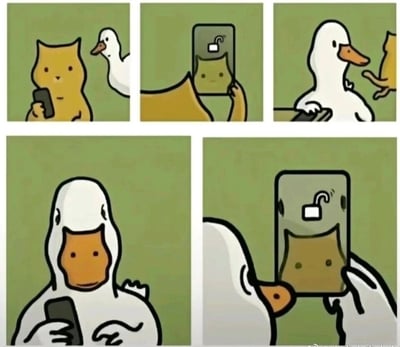 这是一组由五格画面组成的趣味连环卡通漫画：第一格中，一只黄猫正拿着手机，一只鸭子在它身后出现；第二格，黄猫举着手机自拍，手机的外壳是猫脸样式；第三格，鸭子突然将黄猫拍走，自己拿起了手机；第四格，鸭子拿着手机，它的脸却变成了黄猫的脸，原来这个鸭子是黄猫套着鸭子外套伪装的；第五格，伪装成鸭子的黄猫自拍，此时手机壳是鸭子外形，屏幕里显示出黄猫的脸，完成了趣味的身份反转，通过伪装和手机壳的对应制造出搞笑的脑洞效果。