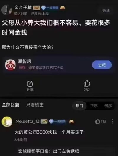 这是一张社交媒体截图，展示了用户“亲亲子精”在“弱智吧”发布的帖子及热门评论。帖子正文写道：“父母从小养大我们很不容易，要花很多时间金钱 那为什么不直接买个大的？”，以荒诞逻辑制造笑点。下方热门评论来自用户“Meloetta_13”，回复“大的被公司3000块钱一个月买走了”，将“买大的”曲解为“雇佣成年人”，形成职场自嘲式幽默。界面显示帖子发布于10小时前，IP属地上海，获252赞，评论区有“出门左转狱吧”等调侃回复。