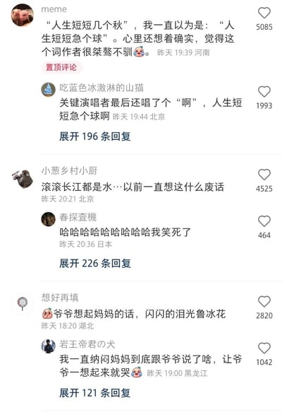 这是一张竖屏的社交媒体评论截图，展示了多位网友分享自己听错经典歌曲歌词的搞笑经历：有网友将《好汉歌》里的“人生短短几个秋”听成“人生短短急个球”，还误以为词作者风格桀骜不驯；有网友把《水浒传》主题曲《临江仙·滚滚长江东逝水》听成“滚滚长江都是水”，曾觉得歌词是废话；还有网友对《鲁冰花》的歌词产生误解，纳闷妈妈和爷爷的对话内容，其他网友则在评论区发出爆笑回应。这些评论获得了不少点赞，充满了欢乐的氛围，引发了大家对“听错歌词”这类共同经历的共鸣。