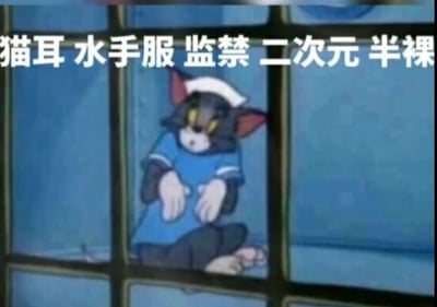 图片中是《猫和老鼠》中的汤姆猫被P图改编，戴着猫耳和水手帽，穿着蓝色水手服，坐在蓝色窗格背景前。图片上方有白色文字覆盖："猫耳 水手服 监禁 二次元 半裸"，通过将经典卡通角色与二次元元素结合制造幽默效果。