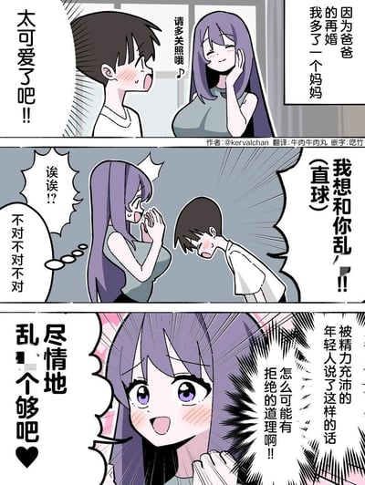 这是一则三格日式搞笑漫画，讲述了爸爸再婚之后，儿子见到年轻可爱的新妈妈，激动之下直球告白想和她发生不伦关系，没想到新妈妈不仅没有拒绝，反而兴奋地回应要尽情地乱个够的擦边球搞笑故事，利用不伦梗制造反差笑点，属于带有擦边性质的ACG搞笑内容。