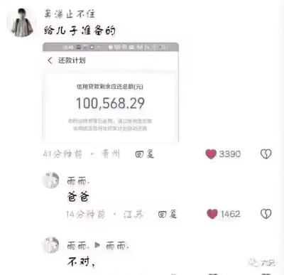这是一张竖屏手机格式的社交媒体评论截图，用户「鼻涕止不住」发布了一张显示信用贷款剩余应还总额为100,568.29元的还款计划截图，配文「给儿子准备的」，制造出将巨额贷款作为给儿子的“准备”的反差笑点；随后用户「雨雨.」先是回复「爸爸」，紧接着又回复「不对,」，仿佛刚反应过来这个“礼物”的不对劲，形成趣味的评论区互动，整体氛围戏谑搞笑。