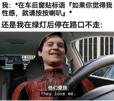 这是一张幽默梗图，上方文字描述了一个场景：“我”在车后窗贴了标语“如果你觉得我性感，就请按按喇叭”，然后在绿灯亮起后停在路口不走。下方配图是蜘蛛侠（托比·马奎尔版）坐在汽车驾驶座上，面带微笑，图片底部有字幕“他们爱我 They love me.”。图片通过反差制造笑点：后车按喇叭实际是因为绿灯不走催促，而“我”却误以为是因为性感标语，体现了一种自作多情的幽默误会。
