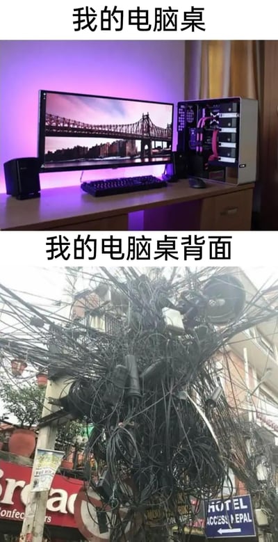 这是一张上下拼接的反差梗图，上半部分呈现了一个布置精致的电脑桌：宽大的曲面显示器、机械键盘、音箱和开放式水冷机箱摆放整齐，搭配紫色氛围灯，整体看起来整洁且富有格调；下半部分则用一团极度混乱、相互缠绕的街头线缆照片，来指代“电脑桌背面”，通过强烈的视觉反差，调侃了看似整洁的桌面背后，电线杂乱不堪、难以整理的普遍数码使用痛点，引发网友共鸣。