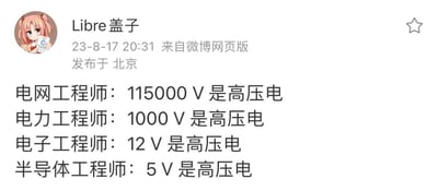 这是一条来自微博的搞笑行业调侃内容，通过列举电网、电力、电子、半导体四个不同领域工程师对「高压电」的差异化认知标准，放大不同工程行业的工作场景差异，制造幽默效果：电网工程师日常接触超高压输电系统，将115000V定义为高压电；电力工程师遵循行业规范，以1000V作为高压电的界限；电子工程师常工作在12V以内的低压电路环境，因此将12V视为高压；半导体工程师的工作场景电压极低，5V就被看作是高压电。内容用强烈的反差感精准戳中不同领域从业者的工作特性，容易引发相关行业人群的共鸣。