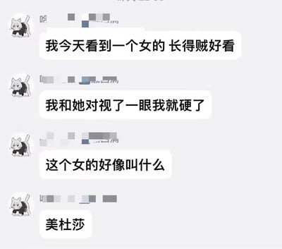 这是一张聊天记录截图，一位使用卡通猫头像的用户连续发送四条消息：先是分享自己看到一位长得很好看的女生，和对方对视一眼就“硬了”，最后揭晓这个女生是美杜莎。图中玩了希腊神话的双关梗：美杜莎的经典能力是对视将人石化，这里用“硬了”谐音指代石化后的僵硬状态，制造出无厘头的搞笑效果。