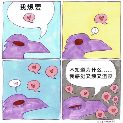 这是一幅四格连环卡通漫画，主角是一只紫色的卡通鸟类。第一格中，它抬头表达自己的诉求，对话气泡写着“我想要”，旁边还有一个带爱心的小气泡，代表着它的渴望；第二格，它露出惊讶的表情，对话气泡是一个感叹号，似乎自己的愿望得到了回应；第三格，它发出“HM”的疑惑声音，周围出现了三个带爱心的气泡，意味着它的多个渴望被逐一满足；第四格，它趴在地上，周围围满了带爱心的气泡，所有的渴望都已实现，但它却沮丧地说“不知道为什么……我感觉又烦又沮丧”。这幅漫画用可爱的卡通形象，生动描绘了当人得到所有想要的事物后，反而陷入空虚、低落的情绪状态，讽刺了那种永远不满足，或是在达成所有目标后失去人生方向的普遍心理。
