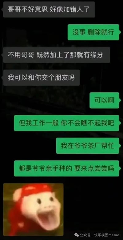 一张社交媒体聊天记录截图，内容为某人加错好友后展开的对话。加错方先道歉称“好像加错人了”，被加方回复“没事 删除就行”。加错方随即表示“既然加上了那就有缘分，想交朋友”，被加方同意后谦虚说“我工作一般 你不会瞧不起我吧”，加错方则回应“我在爷爷茶厂帮忙，都是爷爷亲手种的，要来点尝尝吗”。截图底部配有一张卡通角色大笑的表情包，整体氛围幽默搞笑，展现了网络上常见的趣味社交场景。